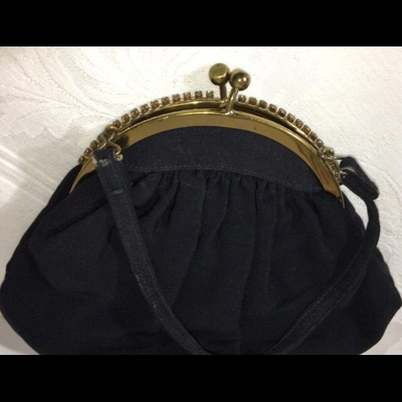 1960’s Rhinestones Kiss Lock Chiffon & Grosgrain Black Evening Bag - Picture 3 of 8
